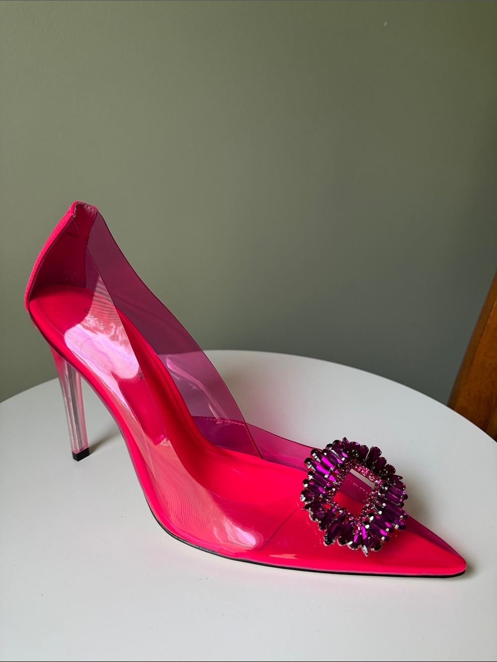 Good American Cinder-F*cking-Rella Pink Lucite Crystal Pointed Toe Pumps Size 12